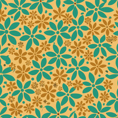 Teal and Orange Flower Pattern. Seamless Retro Floral Background