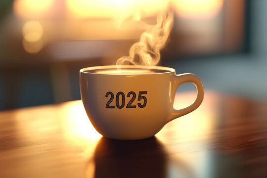 creative resolution list titled "2025" with coffee steam rising in warm morning light