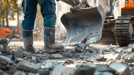 Construction Worker Operating Heavy Machinery Amidst Debris