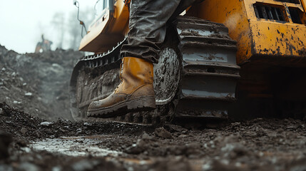 Worker's Boot Steps onto Heavy Machinery in Construction Site