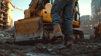 Construction Worker Steps onto Excavator at Urban Site