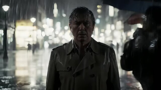 Mature Man Walking Alone in Rain on City Street at Night with Dramatic Lighting and Reflections