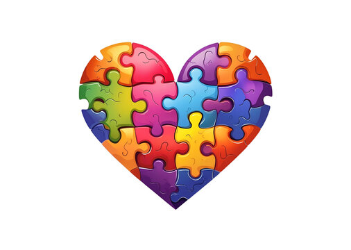 Heart made of interlocking puzzle pieces symbolizing connection and unity, colorful high-resolution vector illustration, isolated against on PNG transparent and white background. For relationship them