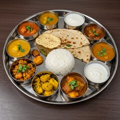 spread of Indian thali with various curries, rice, naan bread, yogurt, and pickles in small bowls on a round metal platter,