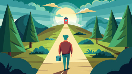 Obraz premium A Man's Journey Through Nature. Walking Towards a Distant House