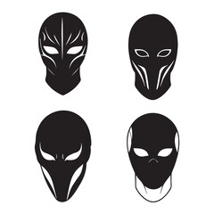 Fototapeta premium Black and white stylized superhero masks for diverse characters in various poses. Silhouette designs with detailed shapes, suitable for comic book, graphic novel, or action figure illustration.