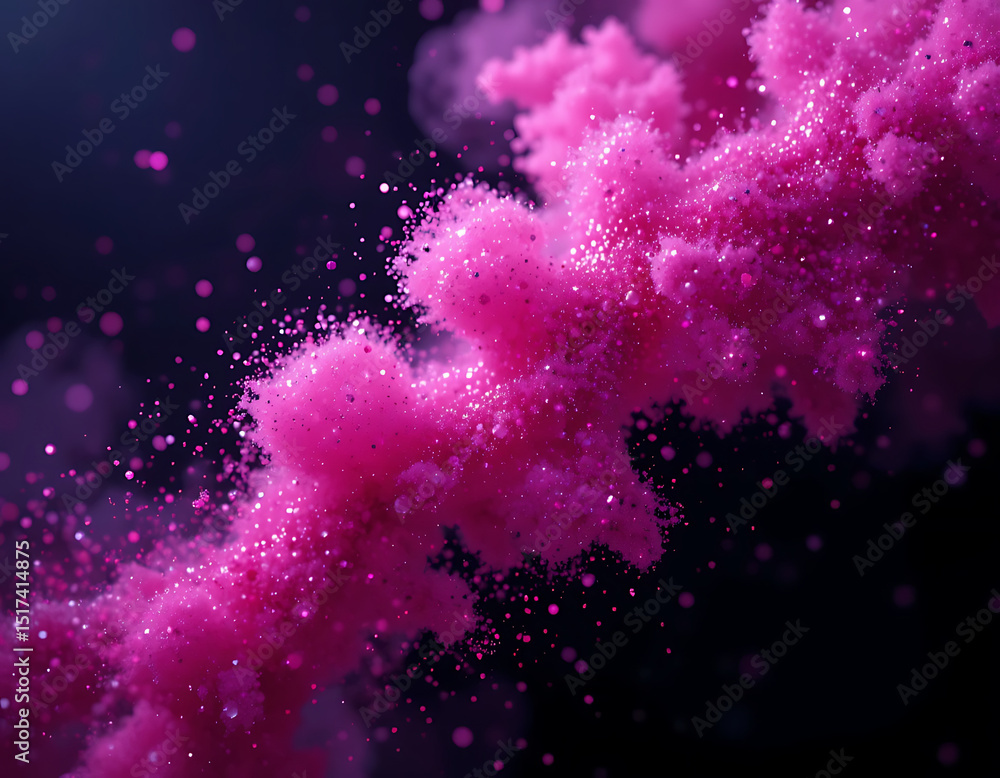 Poster colorful pink cloud of particles creating a vibrant abstract swirl in a dark background setting