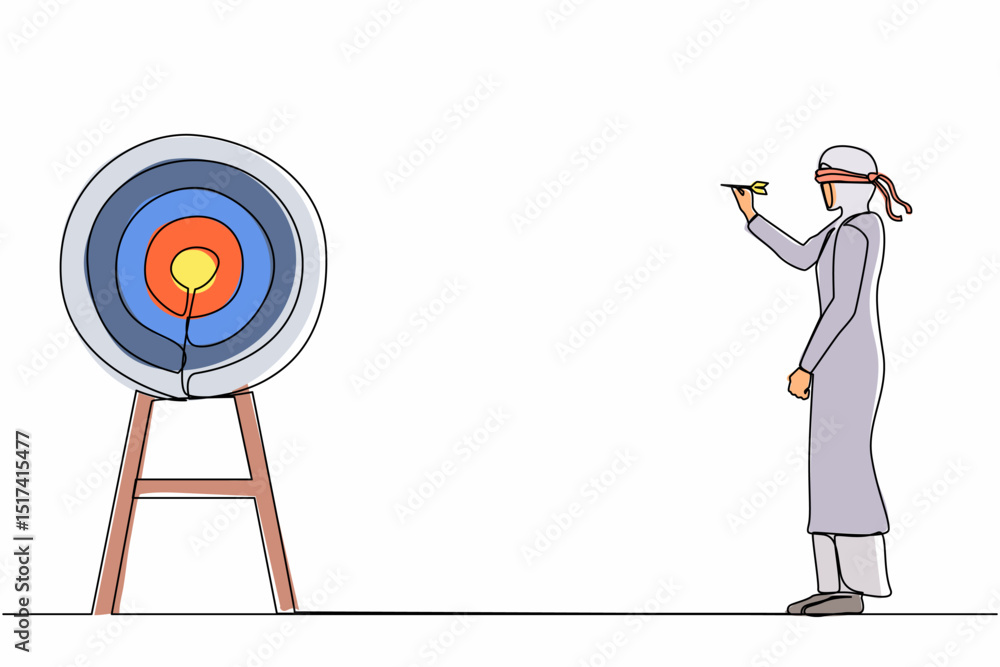 Poster continuous one line drawing arabian businesswoman using blindfold and hit dart target. confused blin