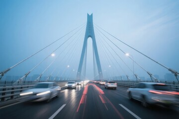Obraz premium Vehicles speeding across a cable-stayed bridge under a clear blue sky