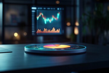 A round device displaying a pie chart with a screen showing stock market data in the background