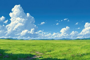 Vast green field under a vibrant blue sky filled with fluffy white clouds