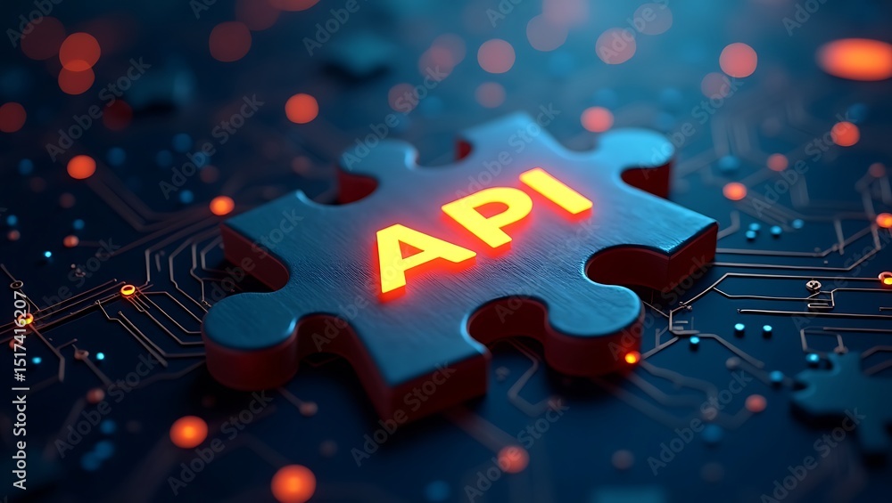 Poster api integration puzzle piece on circuit board