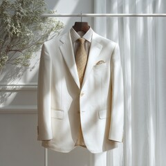 Cream-colored suit jacket, tie, and shirt on a hanger