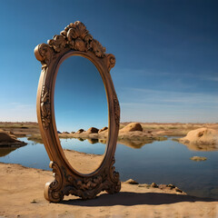 Fototapeta premium Mirror of the Desert: A beautifully crafted antique mirror stands upon the shoreline, with a serene desert landscape reflecting within its frame.