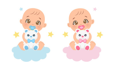 Cute baby boy and girl gender reveal with teddy bear clipart