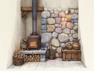 Cozy rustic alcove with wood-burning stove, stone wall, and woodpile