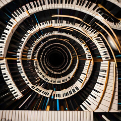 Keyboard Tunnel: An artistic visualization of a swirling tunnel, constructed entirely from piano keys, presenting a unique perspective of musical artistry and composition.