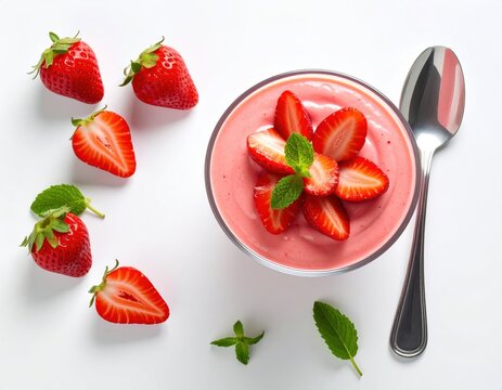 A delicious strawberry yogurt parfait is presented in a glass bowl garnished with fresh strawberries and mint leaves alongside a silver spoon on a white background.