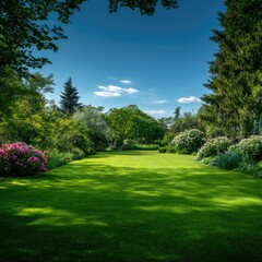 Lush green lawn, shaded by trees, under a bright sky
