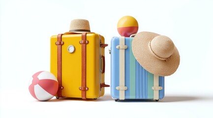 Two colorful suitcases, ready for a summer vacation, sit side-by-side, each topped with a straw hat and accompanied by a beach ball