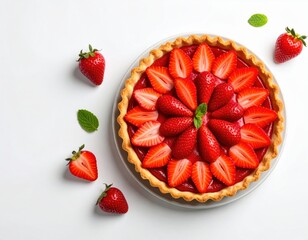 A delicious homemade strawberry tart with fresh berries and a vibrant red glaze is presented on a white background for a delightful dessert image.