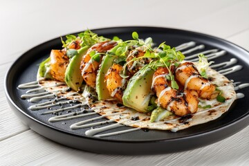 Grilled shrimp and avocado tacos on a black plate, garnished with microgreens and a creamy sauce