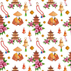 Seamless pattern. Set of watercolor Nepalese traditional items and objects. Hand drawn illustration of mountains and pagodas for children's illustration and design.	