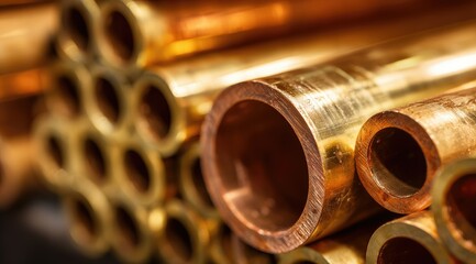 Close-up of stacked brass or copper pipes