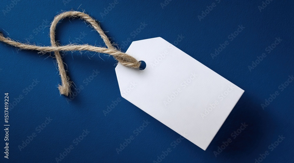 Poster a blank white tag with a jute string lies on a deep blue background. the tag is rectangular with a h
