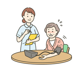 白衣高血圧で血圧が上がる高齢女性と看護師の上半身イラスト