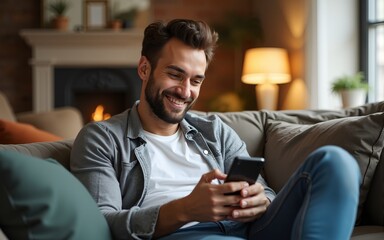 Happy Handsome Caucasian Man Using Smartphone in Cozy Living Room at Home. Man Resting on Comfortable Sofa. He's Browsing the Internet and Checking Videos on Social Networks and Having Fun.