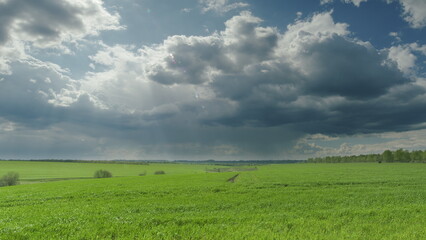 A Dramatic and Beautiful Cloudy Sky Over Lush and Vibrant Green Fields Spanning the Horizon Time...