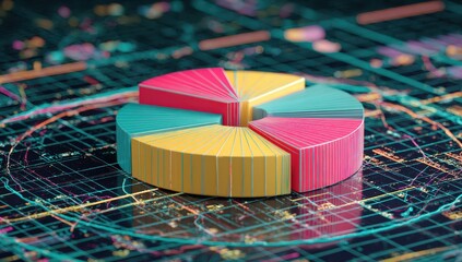 Colorful pie chart on a digital grid
