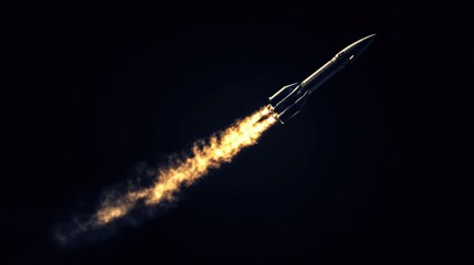 Rocket launching into space at night, producing fire and smoke