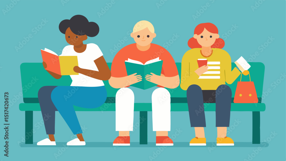 Poster a group of diverse shoppers sharing a bench each engaged in their own activity – one reading a shopp