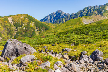 日本の風景・秋　立山黒部アルペンルート　紅葉の天狗平から剱岳を望む