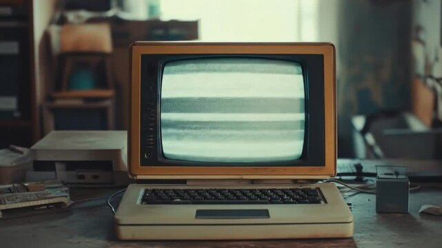 Vintage Computer with Static Screen: Retro Technology and Nostalgic Vibe, old pc for retro design