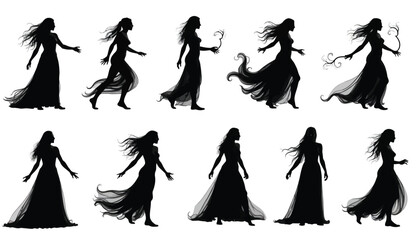Silhouetted Women in Flowing Gowns: Dynamic Poses and Mysterious Elegance on White Background.