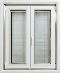 White double-hung window with horizontal blinds