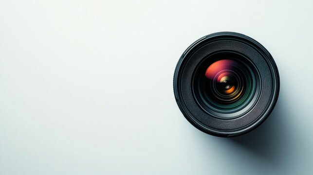 Professional camera lens on plain surface in studio setting