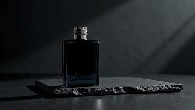 4K Dark Blue Men&rsquo;s Perfume Bottle on Black Stone for Elegant Fragrance Display