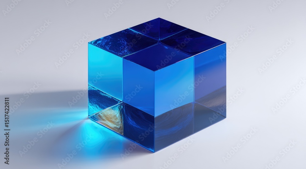 Poster a digitally rendered, translucent blue cube sits on a light gray surface, casting a soft shadow. int