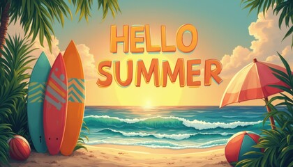 Colorful surfboards and beach accessories at sunset beach