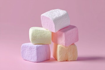 A stack of four pastel-colored marshmallows sits on a pink background.  The marshmallows are slightly irregular in shape, showcasing a soft, fluffy texture
