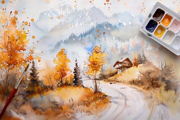 Beautiful autumn landscape with a winding path and a cozy cabin in the mountains. Watercolor illustration with paints and brush on canvas.