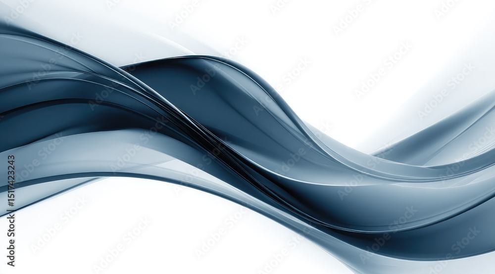 Poster abstract image of flowing, translucent, dark-blue waves on a white background. the waves are smooth 