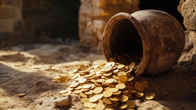 Overflowing treasure: ancient coins spilling from earthen pot on sandy ground