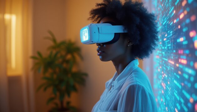 Young African American woman using VR headset in modern apartment