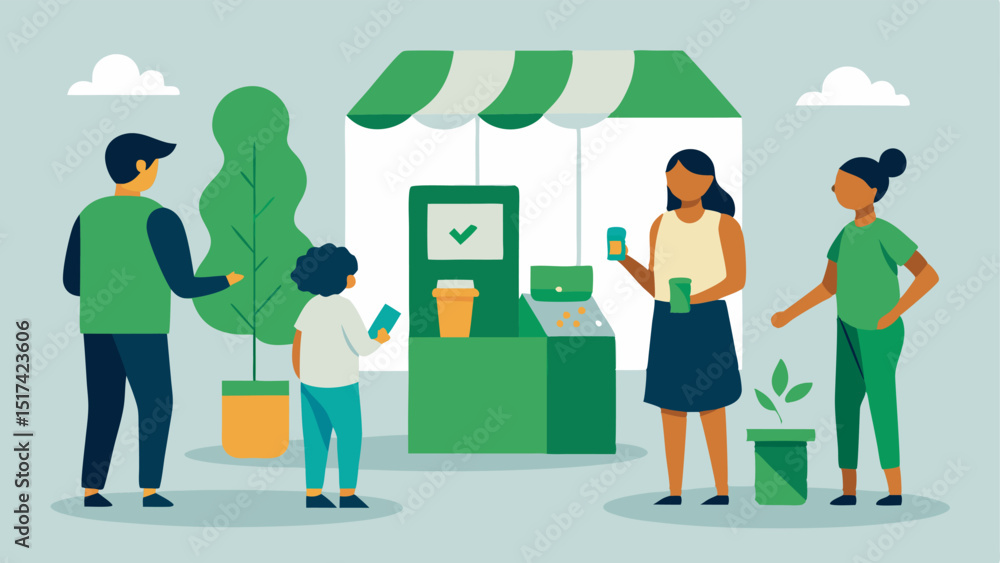 Poster community event a local event where shoppers are interacting with booths dedicated to ecofriendly el