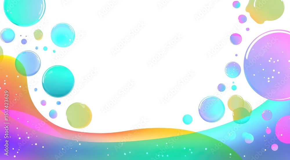 Poster abstract image featuring rainbow-colored waves and translucent bubbles on a white background, creati